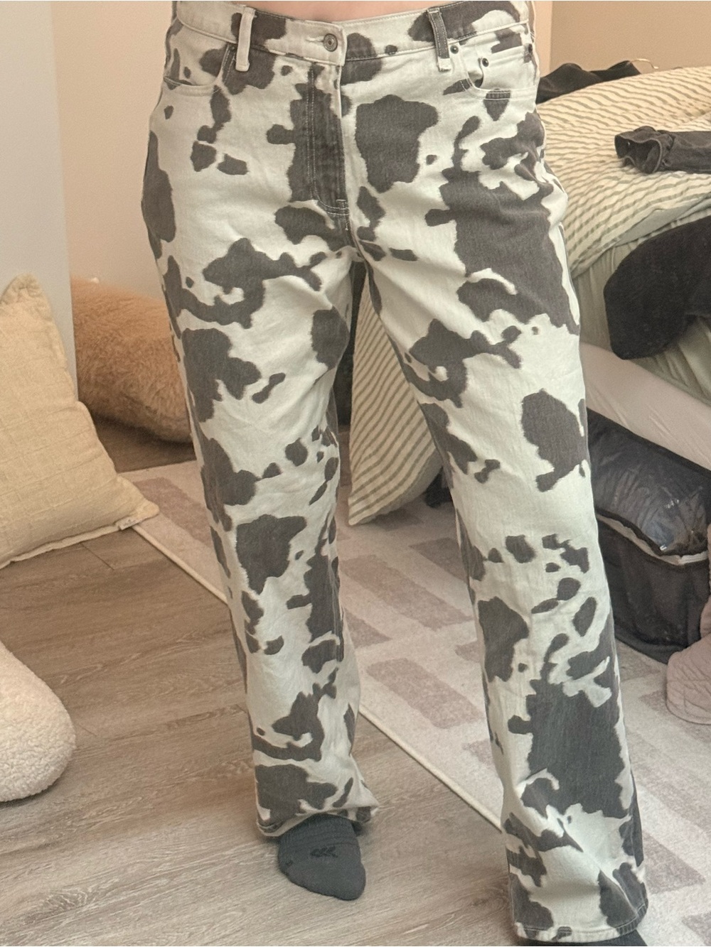Women’s Cowprint Straight-Leg Jeans - Black and White